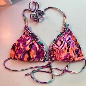 Ruffled Triangle Bikini Top in Purple & Pink Abstract Print